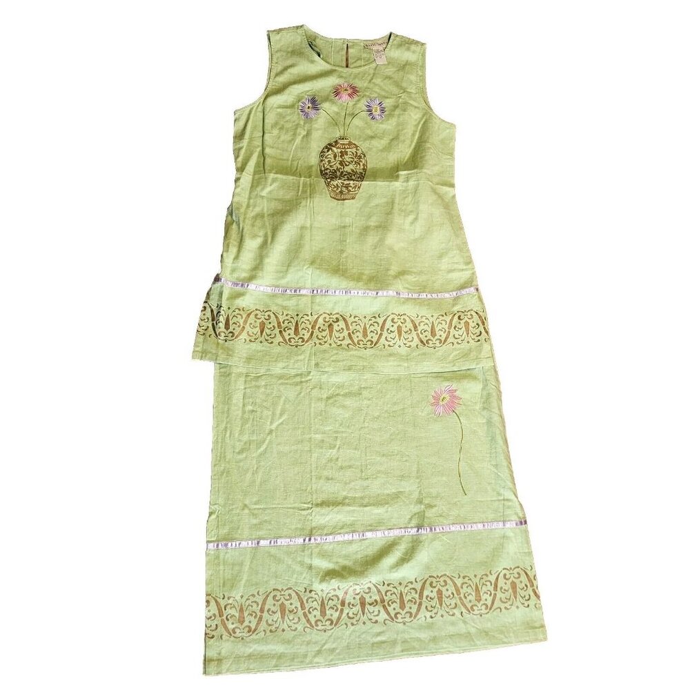 Sweet Jessie‎ Skirt Set Womens Size 14 Green Floral 2 Piece Linen Outfit Tunic